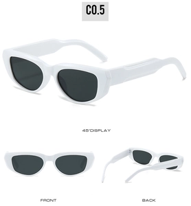 Three angles of white chunky cat-eye sunglasses with dark lenses and glossy frames