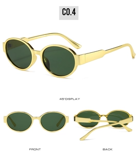 Three-angle display of oval gold metal sunglasses with dark green lenses and C0.4 mark
