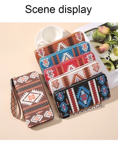 Detail of bohemian printed wristlet wallets in five colors with geometric patterns