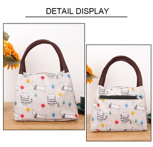 Detail display of cartoon insulated lunch bag showing cute cat prints and back zipper pocket