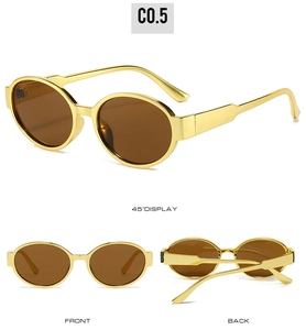 Detailed views of oval vintage sunglasses with gold metal frames and dark brown lenses