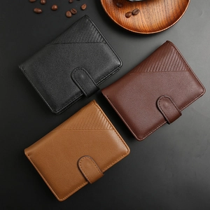 Vintage tri-fold men's leather wallets in black and brown with secure snap closure