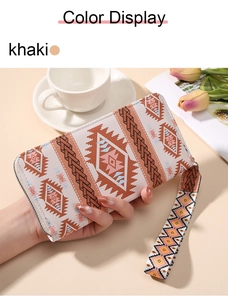 Detail of khaki bohemian wallet with geometric patterns and wristlet in a lifestyle setting