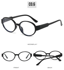 Detailed views showing front, back, and 45-degree angles of these oval PC sunglasses