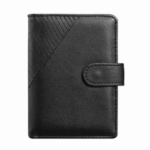 Classic black leather tri-fold wallet for men featuring textured finish and button closure