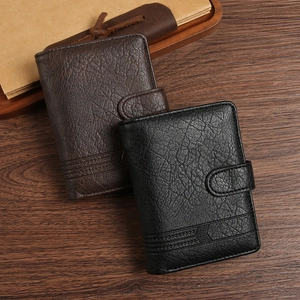 Vertical bi-fold PU leather men's wallet in black and dark brown with buckle strap