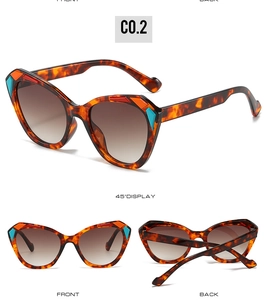 Three-angle view of tortoiseshell cat-eye sunglasses with colorful geometric pattern accents