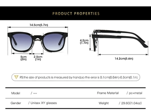Detailed dimension chart showing frame width and lens size for classic retro sunglasses