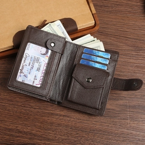 Vertical bi-fold brown PU leather men's wallet with multiple card slots and snap coin pocket