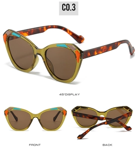 Detailed views of cat-eye sunglasses with translucent olive frames and tortoiseshell temples