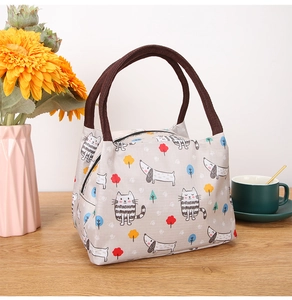 Close-up of cute cartoon cat and dog patterns on a grey canvas lunch bag on a wooden table