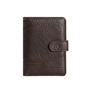 Men's dark brown lychee textured PU leather wallet with snap closure and retro business style