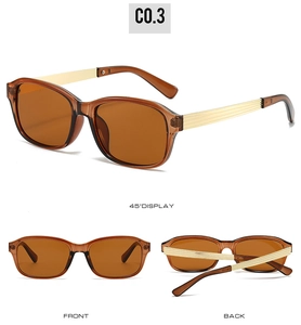 Détails des lunettes de soleil carrées marron rétro avec branches en métal doré texturé
