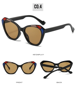 Detailed views of cat eye sunglasses with thick black frames and colorful geometric accents