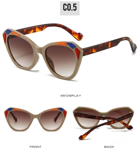 Three-angle view of cat-eye sunglasses with khaki frame and tortoiseshell temples