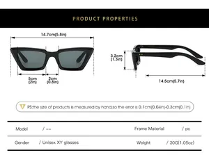 Tableau des tailles détaillé pour lunettes de soleil œil de chat rétro avec mesures