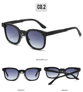 Front, back, and 45-degree angle views of vintage thick frame sunglasses with purple lenses