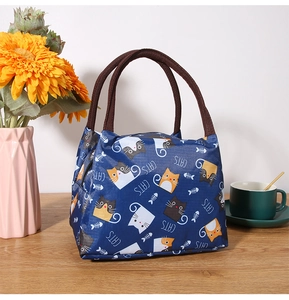 Detail of insulated lunch bag with cartoon cat pattern and secure zipper closure