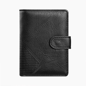 Men's black bifold business wallet in textured leather with a snap button closure