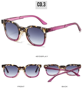 Three perspectives of tortoise shell and purple sunglasses with gradient lenses and gold details