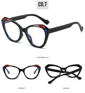 Three-angle view of oversized cat-eye sunglasses with colorful geometric temple detail