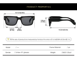 Detailed size chart for square sunglasses showing lens width and frame dimensions