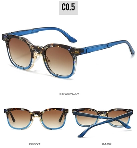 Detailed views of retro tortoiseshell and blue sunglasses with UV protection from 45 degrees
