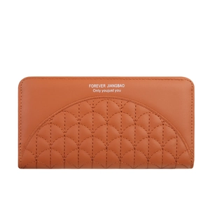 Long brown leather wallet for women with zipper closure and quilted pattern detail
