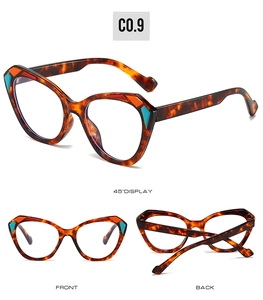 Detail view of cat eye tortoise shell sunglasses frame with geometric accents