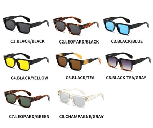 Detailed view of square vintage sunglasses in eight color options with thick frames