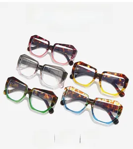 Detailed collection of colorful geometric acetate eyeglasses in five unique gradient finishes