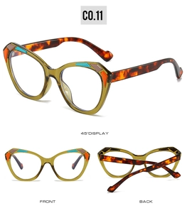 Detailed views of cat eye sunglasses with colorful geometric accents and tortoiseshell arms