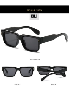 Detail views of black square acetate sunglasses with golden teardrop rivets and glossy finish