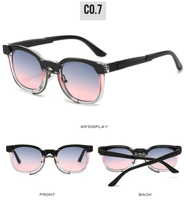 Three-view layout of retro cat-eye sunglasses with blue-to-pink gradient lenses