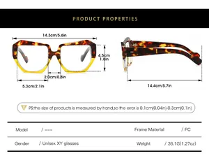 Detailed size chart for thick frame unisex glasses with 14.3cm width and PC material