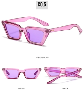 Vues détaillées de lunettes de soleil œil de chat roses avec verres violets sous trois angles