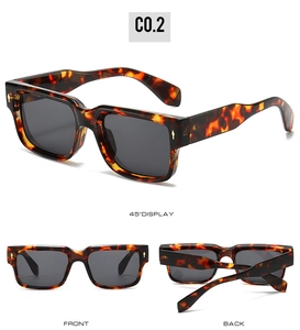 Multiple views of tortoise square sunglasses with gold metal rivets and gray lenses
