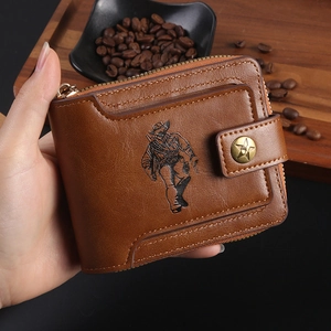 Men Short Wallet PU Leather Zippered Cowboy Embossed Vintage Bifold Card Holder Star Buckle Business Casual