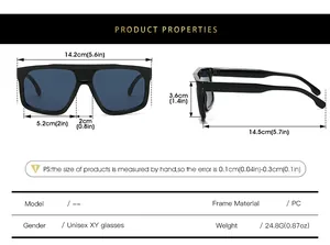 Detailed size chart for unisex futuristic sunglasses with PC frame and dimensions