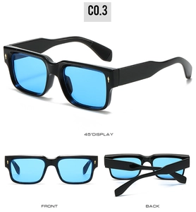 Three-angle display of square black sunglasses with blue lenses and gold rivets C0.3