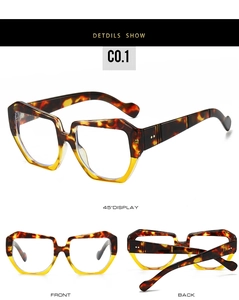 Three views of geometric tortoiseshell glasses frames with thick polygon frames