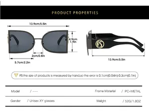 Detailed size chart for semi-round sunglasses with PC and metal frame dimensions
