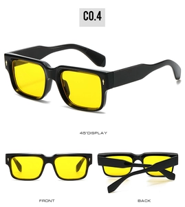 Three-way view of square sunglasses with black frames and yellow lenses