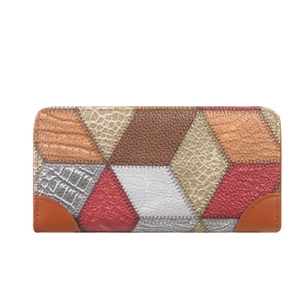 Patchwork leather long wallet with multi-texture geometric panels and premium stitching