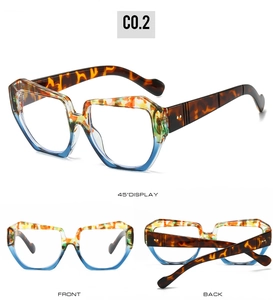 Detail view of bold geometric blue and tortoiseshell ombre blue light blocking glasses