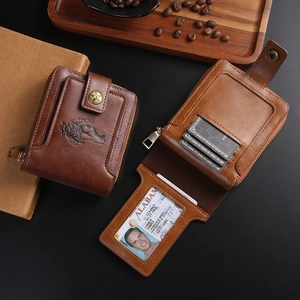 Retro men's leather wallet with multi-card slots and secure zipper closure in brown