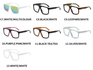Matrix of trendy oversized square sunglasses in seven assorted frame and lens colors