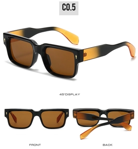 Three-angle view of vintage square frame sunglasses with black and orange gradient finish