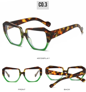 Three-way view of thick geometric frame glasses in tortoiseshell and gradient green