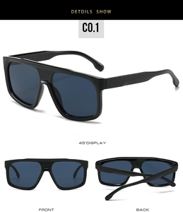 Three-dimensional views of futuristic black square sunglasses with dark blue lenses